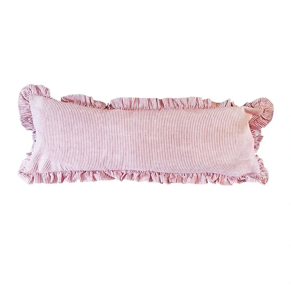 Pink Pinstripe Ruffle Lumbar Pillow Cover 32x12 Cottagecore Farmhouse